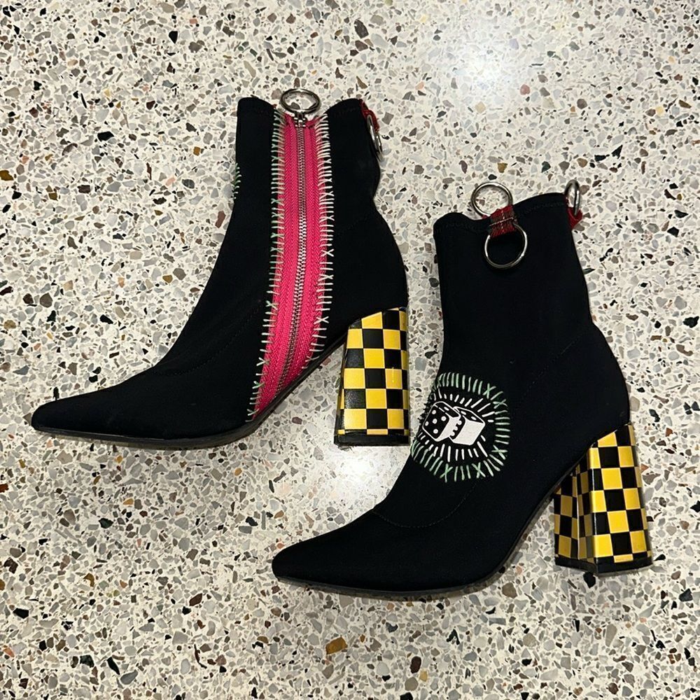 Current Mood black heel boots yellow check 7 dolls kill dice